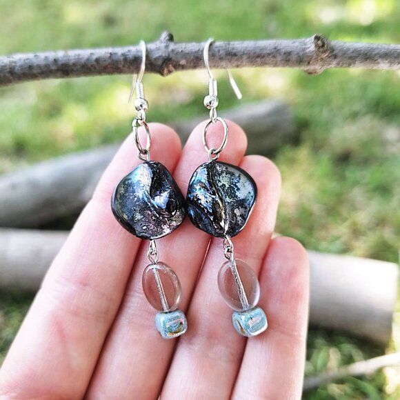 Black Pearl Dangle Earrings – Ocean Inspired Boho Earrings, Coastal Grunge - Picture 2 of 7